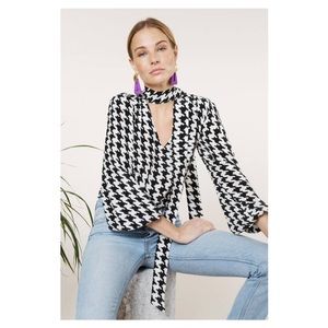 Rixo long sleeve silk hounds tooth blouse